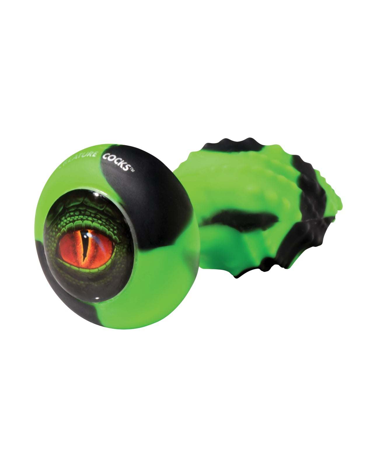 Green and black Creature Cocks - Eye of the Spawn vibrating silicone butt plug with reptilian eye design and textured spiral ridges.