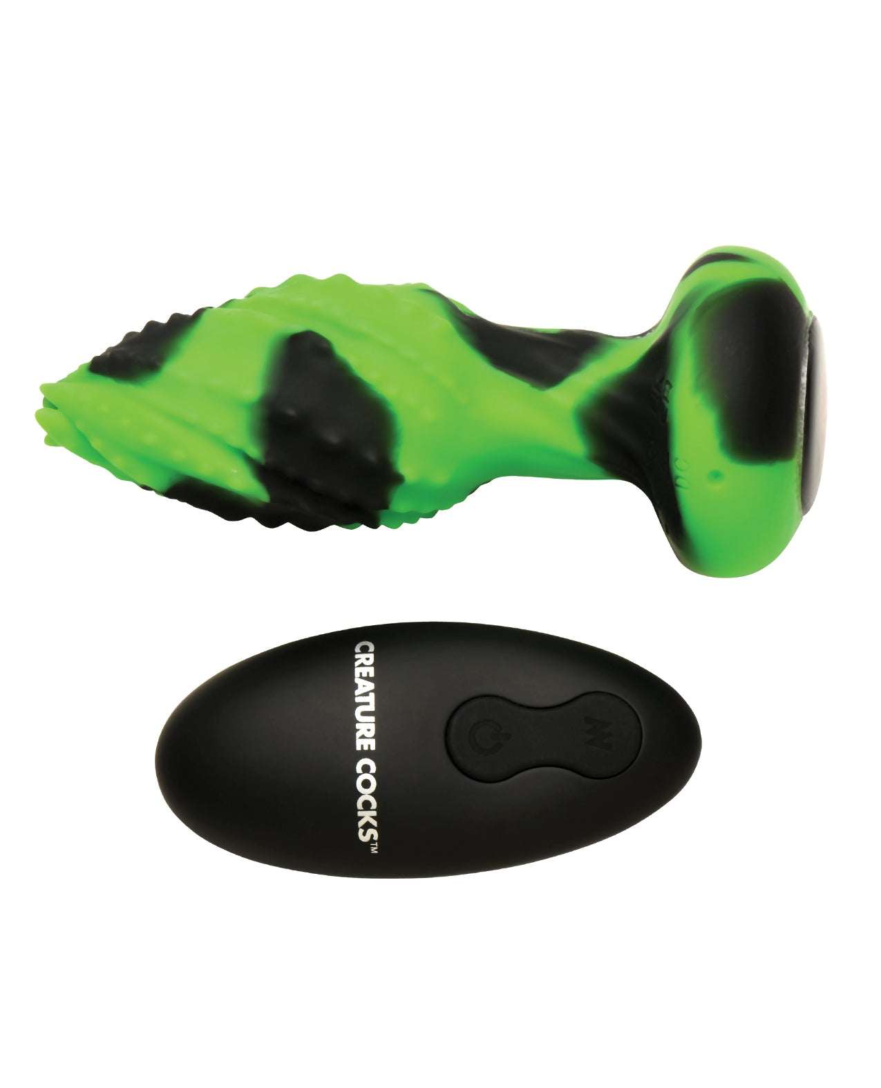 Green and black spiraled Creature Cocks - Eye of the Spawn vibrating silicone butt plug with remote control on white background