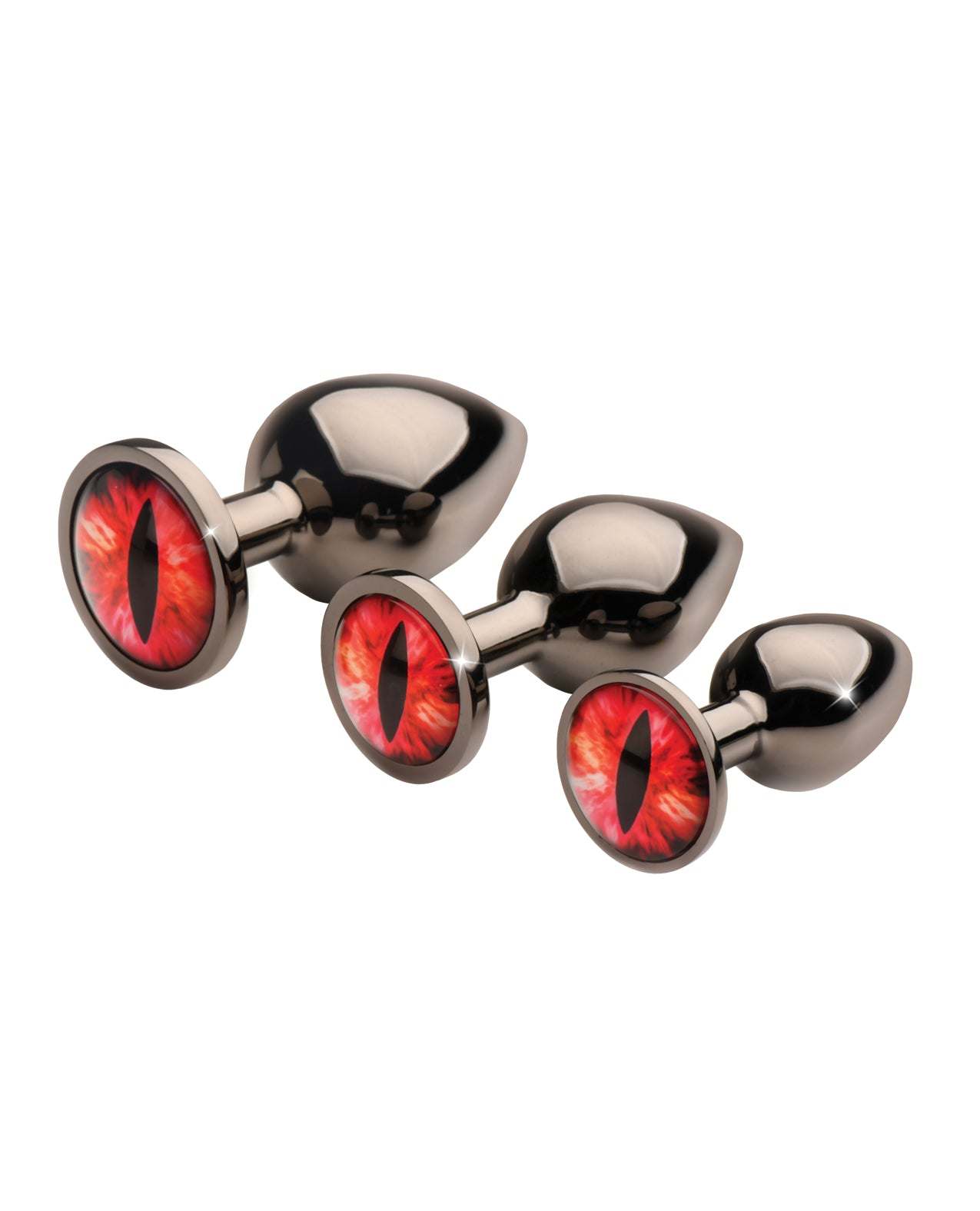 Creature Cocks Sinister Eyes metal butt plug set with red eye design in three sizes