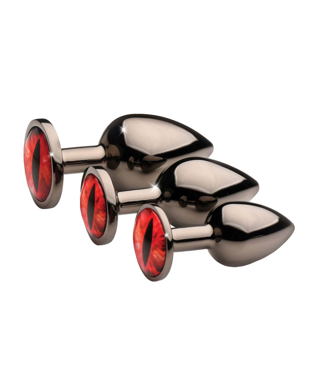 Creature Cocks Sinister Eyes red eye metal butt plug set with three sizes and taper design