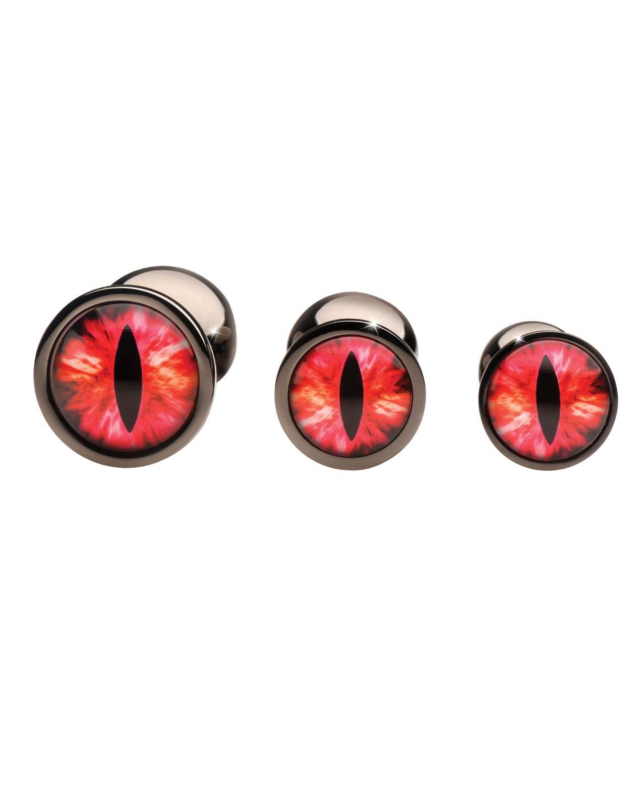 Creature Cocks Sinister Eyes red eye metal butt plug set with three graduated sizes and glass eye design