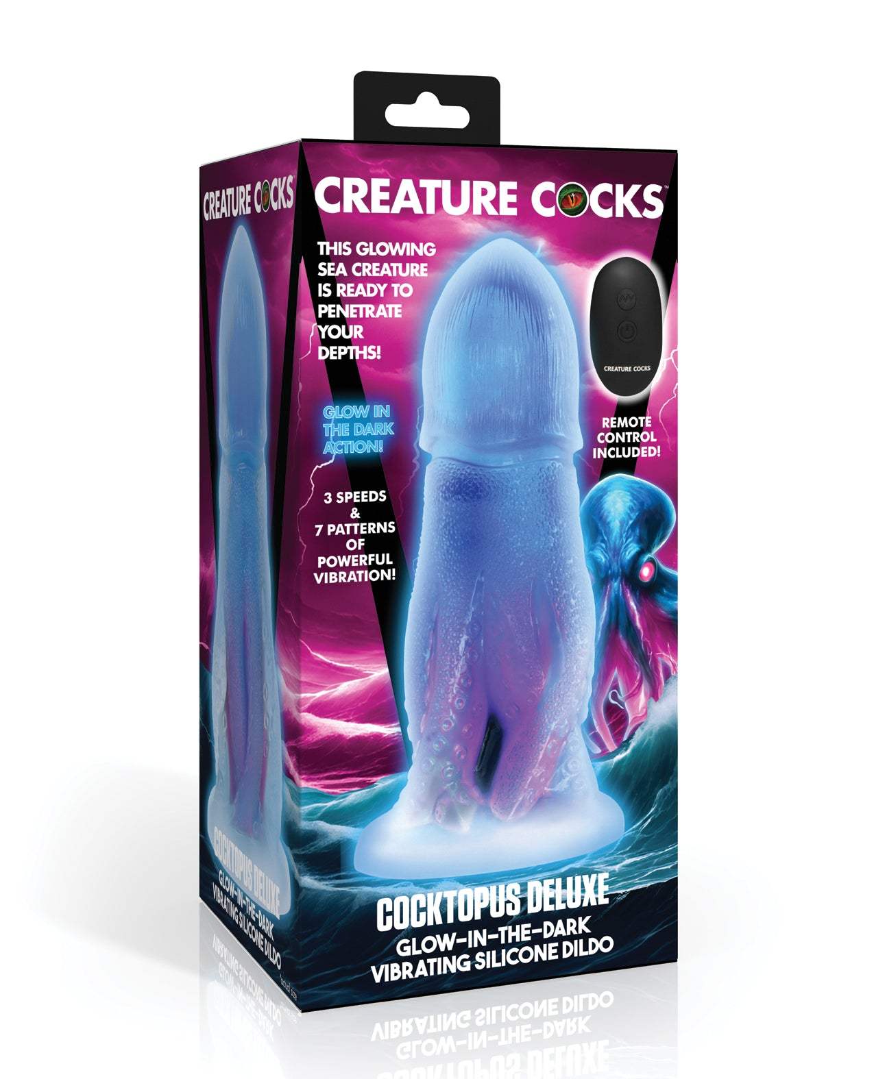 Creature Cocks Cocktopus Deluxe glow-in-the-dark vibrating silicone dildo with remote control and suction base.