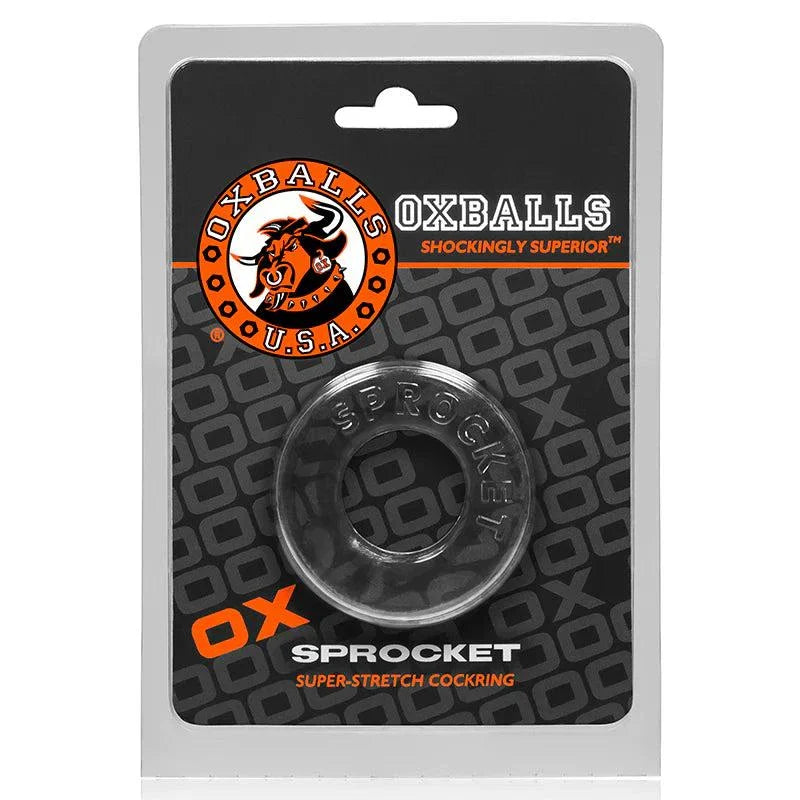 Clear OxBalls Sprocket soft, super-stretchy cockring with 2.75-inch inside circumference in retail packaging