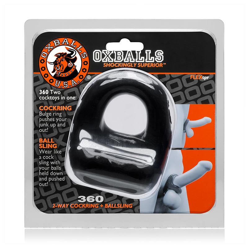 OxBalls 360 black cockring and ballsling made from flexible TPR with thick rubbery base for comfort and support.