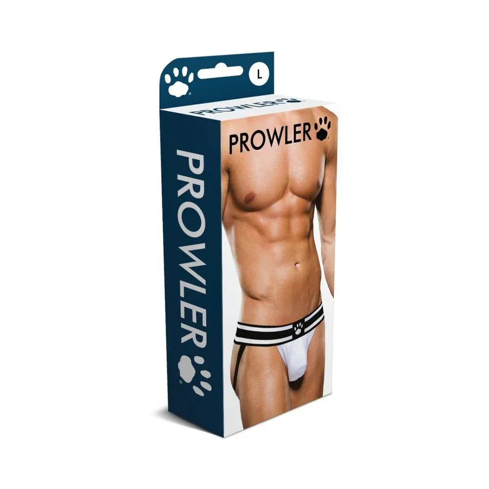 Prowler Jock Strap athletic supporter for men with breathable fabric and supportive contoured pouch in white and black design