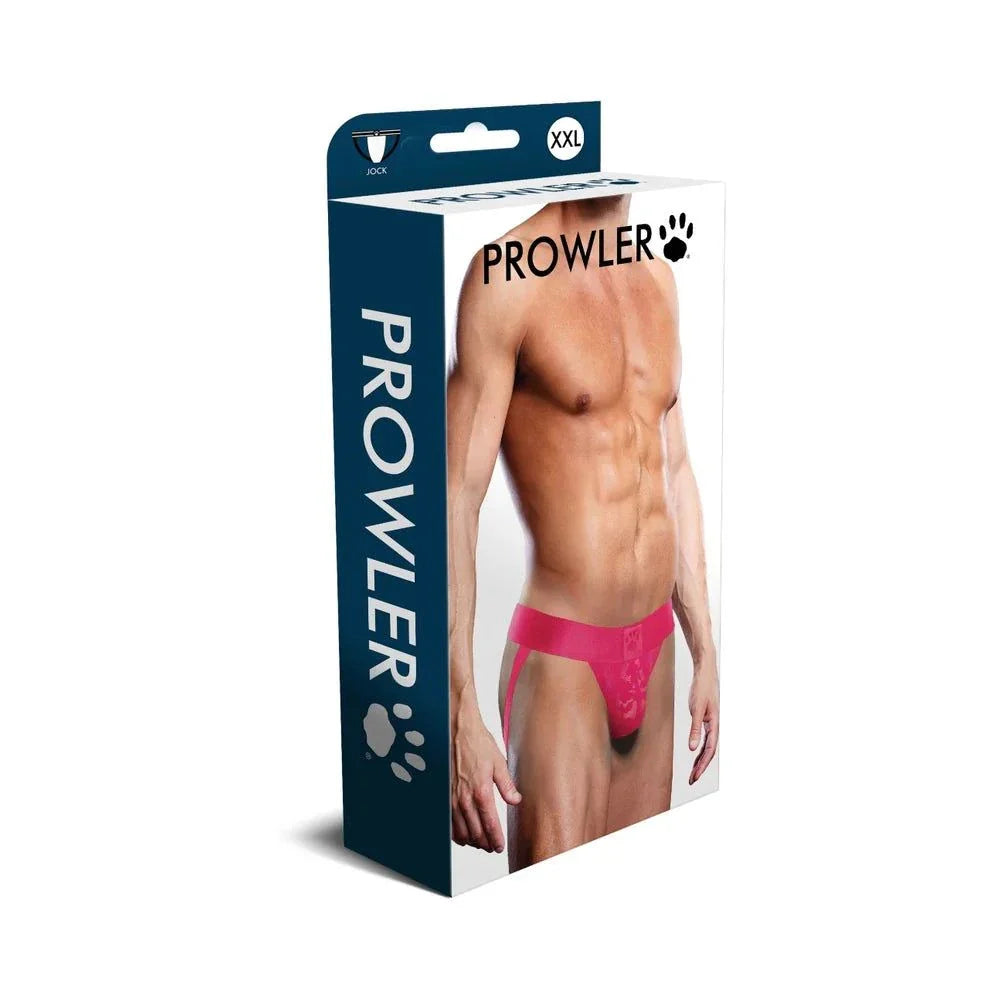 Prowler Lace Jock Strap packaging featuring a male model wearing a pink lace jock strap, showcasing the product's stylish and supportive design.