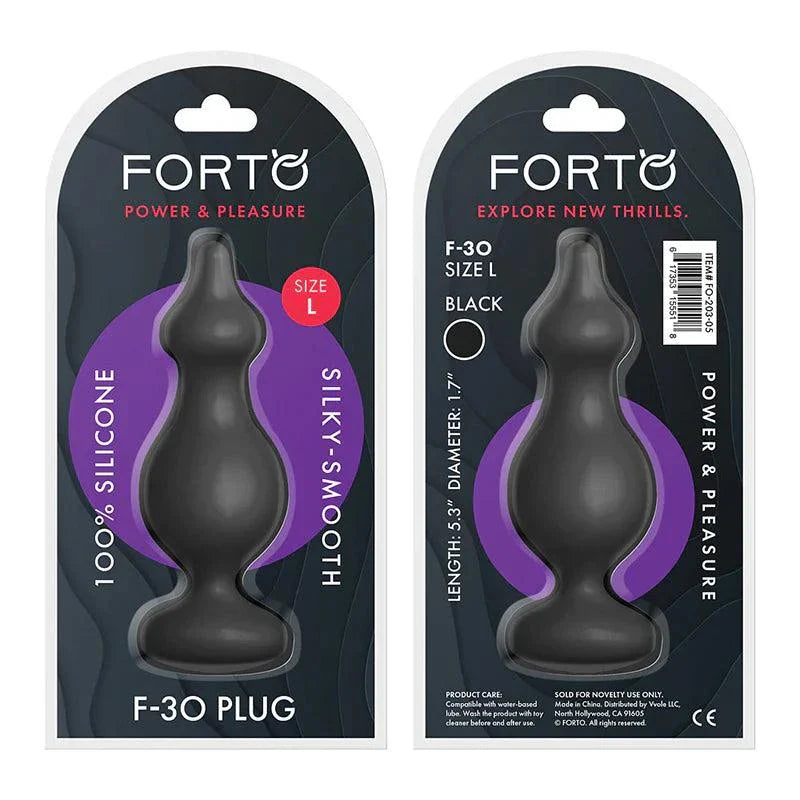 Forto F-30 Pointer Silicone anal plug in black, size L, with tapered cone design and flat base for comfortable, safe, and stimulating use.