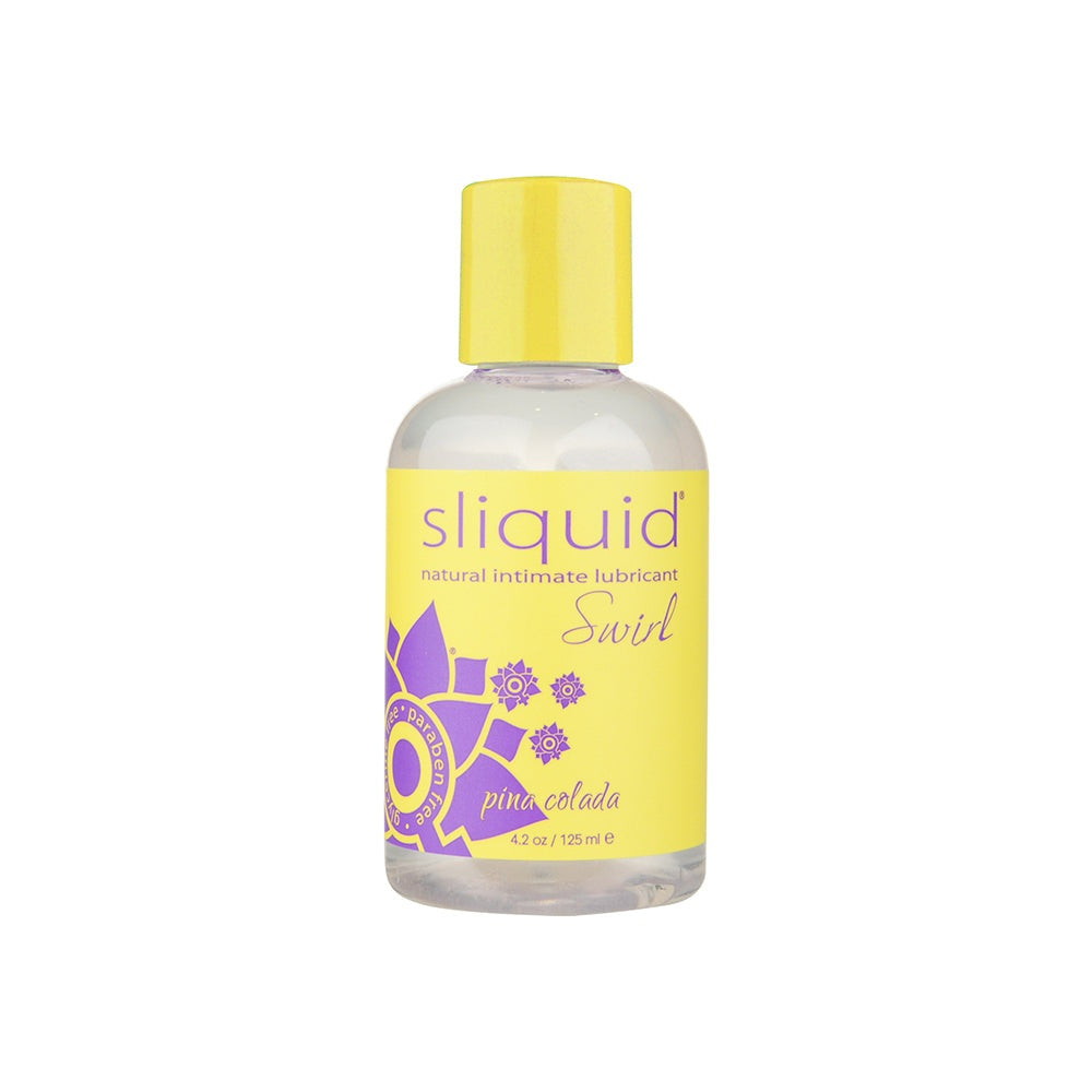 Sliquid Swirl Pina Colada flavored natural intimate lubricant in 4.2oz bottle, glycerin and paraben free, vegan and latex safe