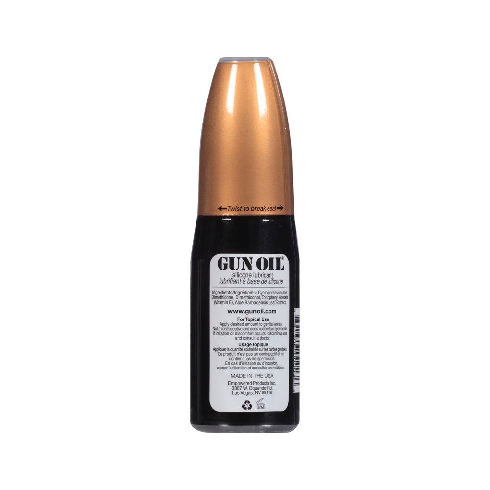 Gun Oil Silicone Lubricant 2 oz. bottle with gold cap and black body displaying product information label