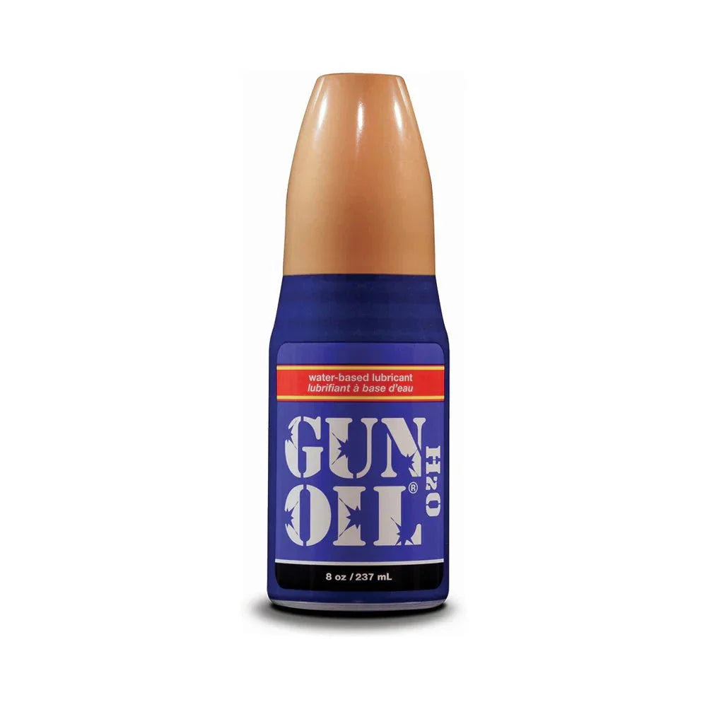 Gun Oil H2O water-based lubricant 8 oz bottle, hypoallergenic and glycerin-free formula with botanical extracts for enhanced sensitivity and soothing care.