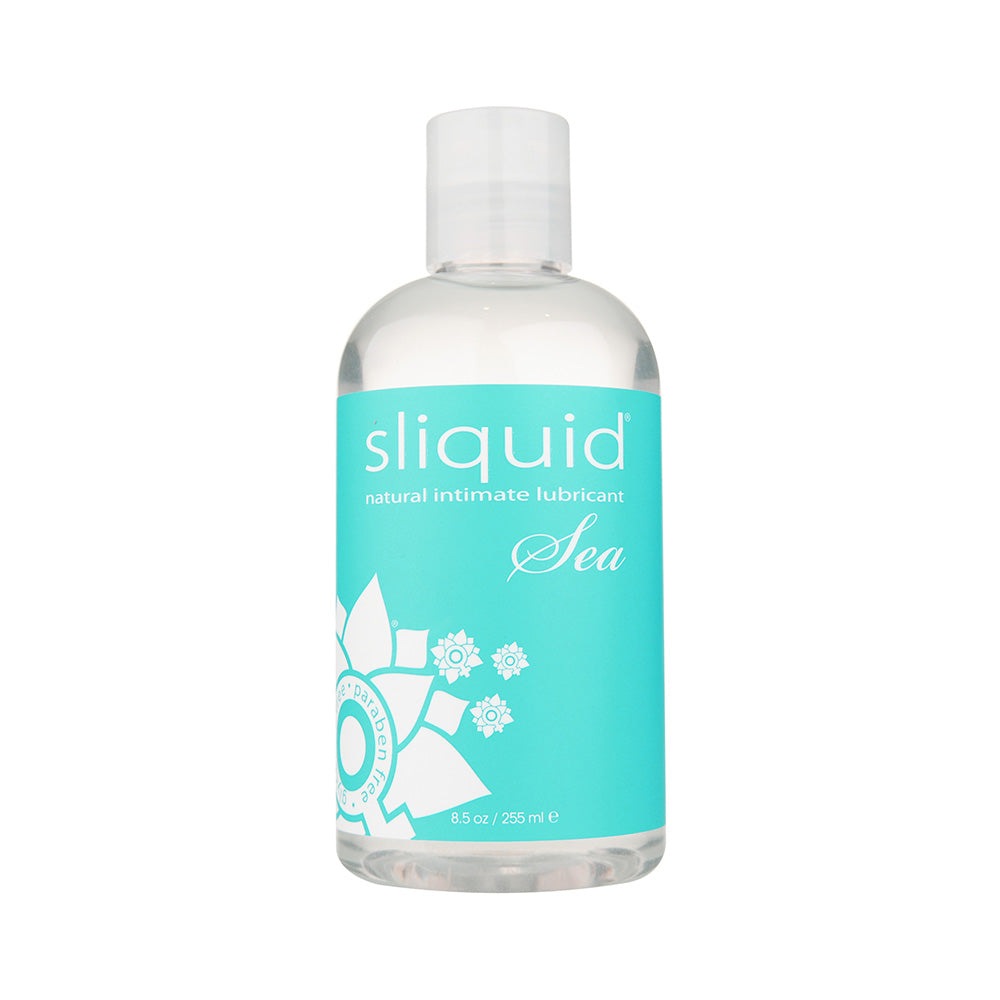 Sliquid Sea water-based lubricant with natural seaweed extracts in an 8.5 oz clear bottle with turquoise label