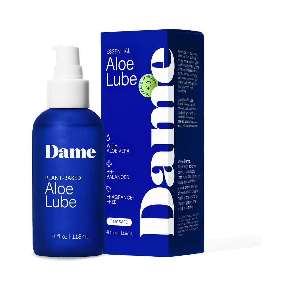 Dame Aloe Lube 4 oz plant-based personal lubricant with aloe vera, pH-balanced, toy-safe, fragrance-free in blue pump bottle and box