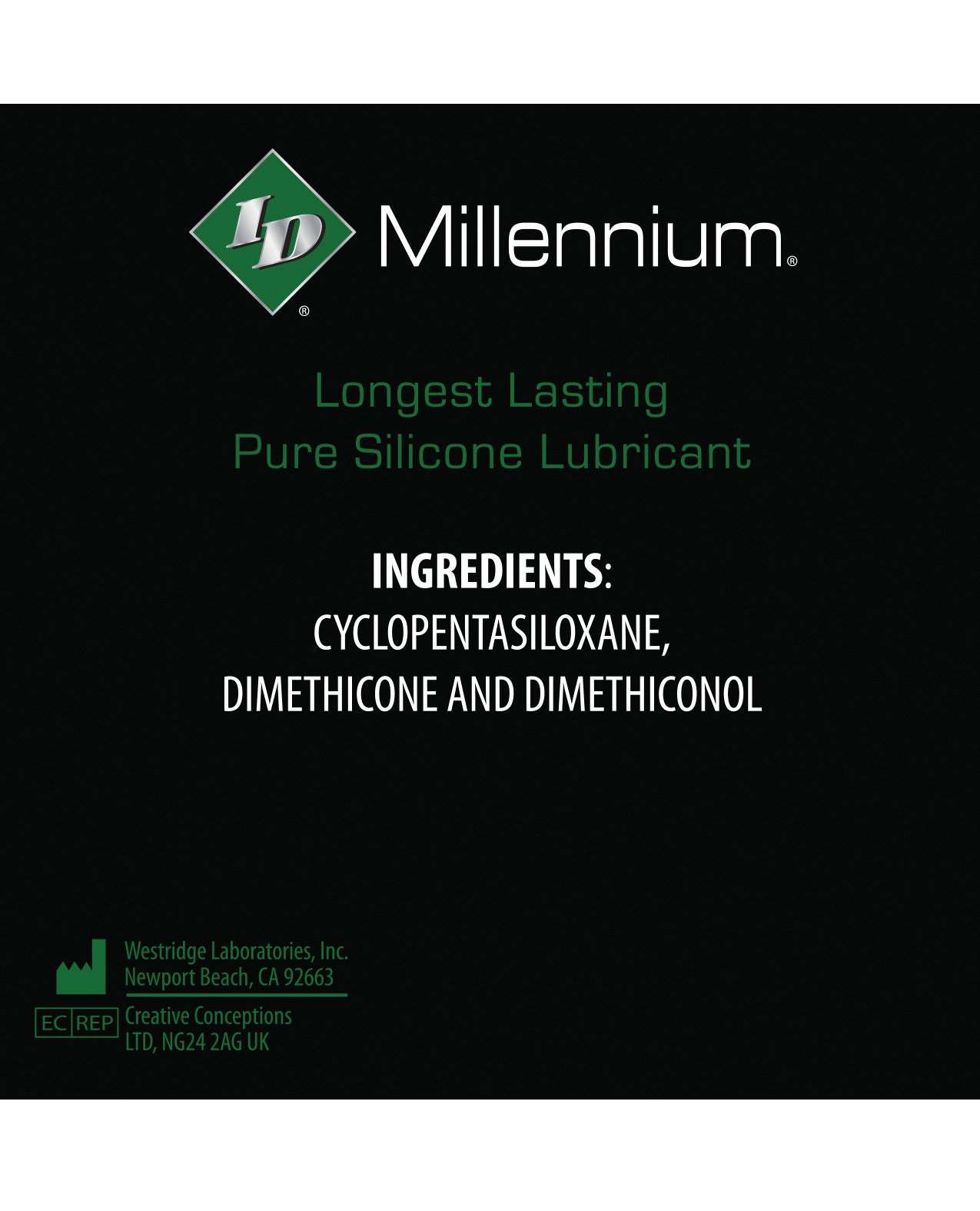 ID Millennium Silicone Lubricant 12ml tube with long-lasting pure silicone formula and key ingredients Cyclopentasiloxane, Dimethicone, and Dimethiconol.