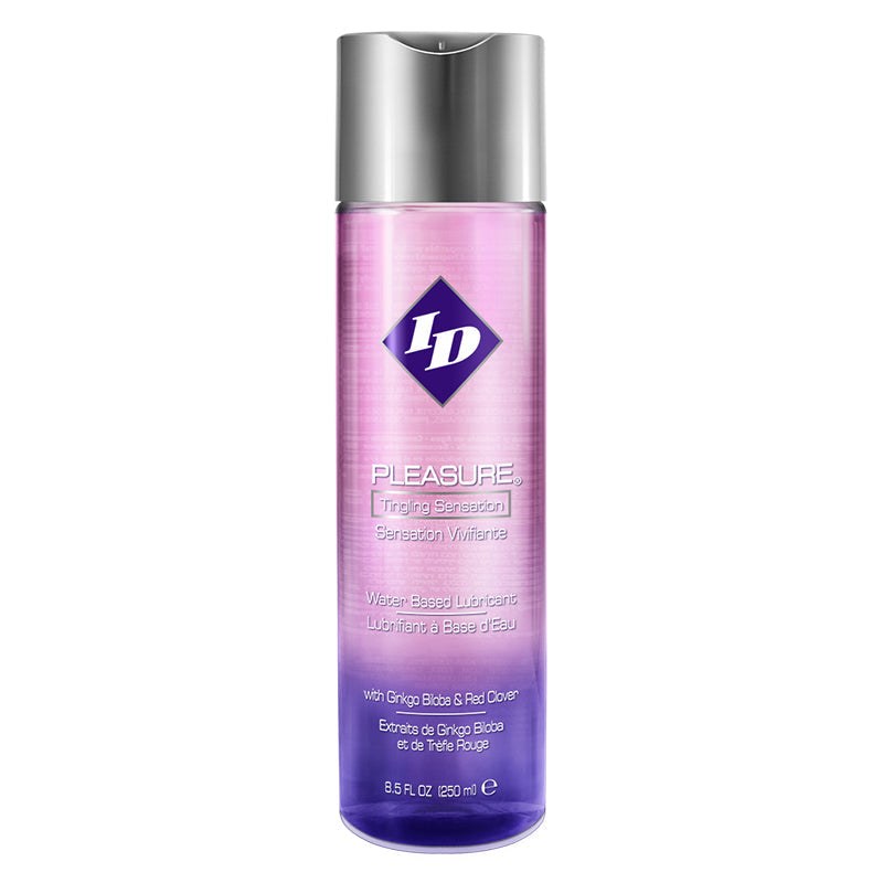 ID Pleasure Lubricant 8.5 fl oz water-based bottle with natural Ginkgo Biloba, Red Clover, and Menthol for enhanced stimulation