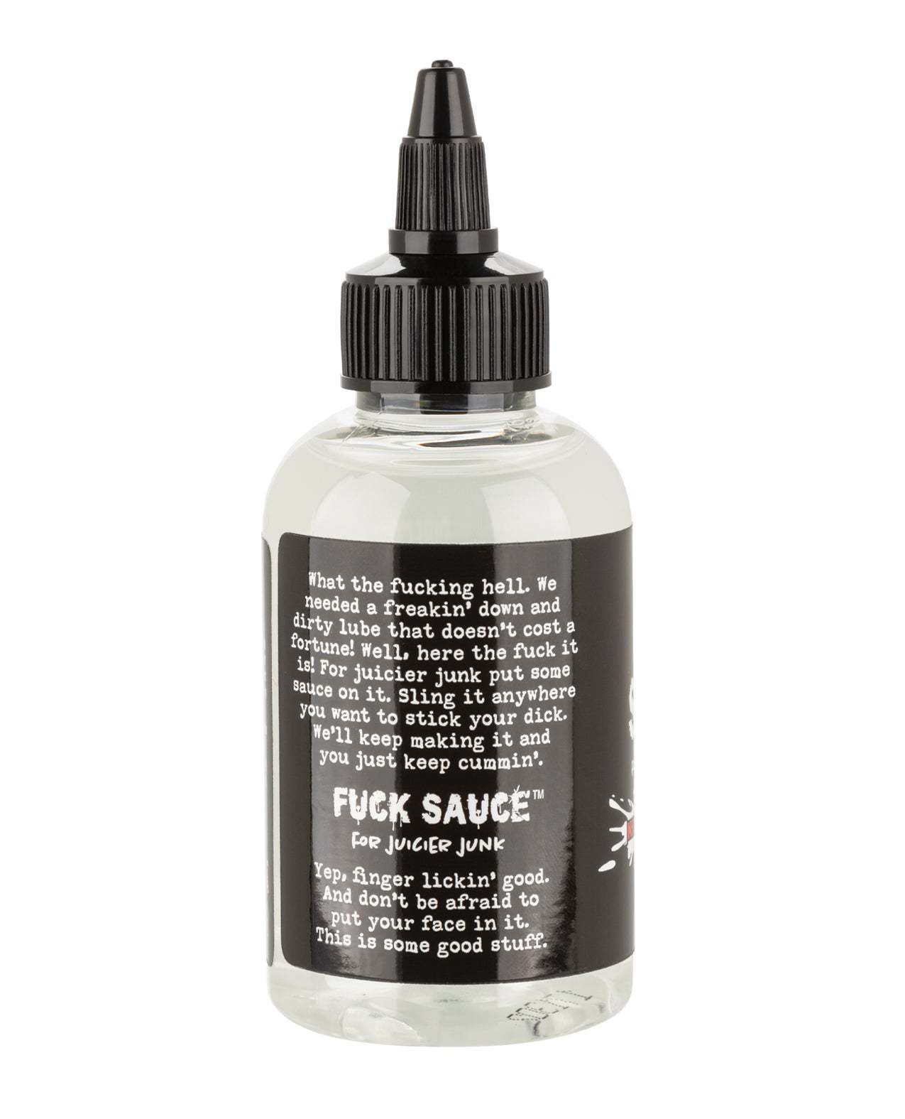 Clear 4 oz bottle of Fuck Sauce Water-Based Lubricant with black label and twist cap designed for smooth, long-lasting intimate pleasure