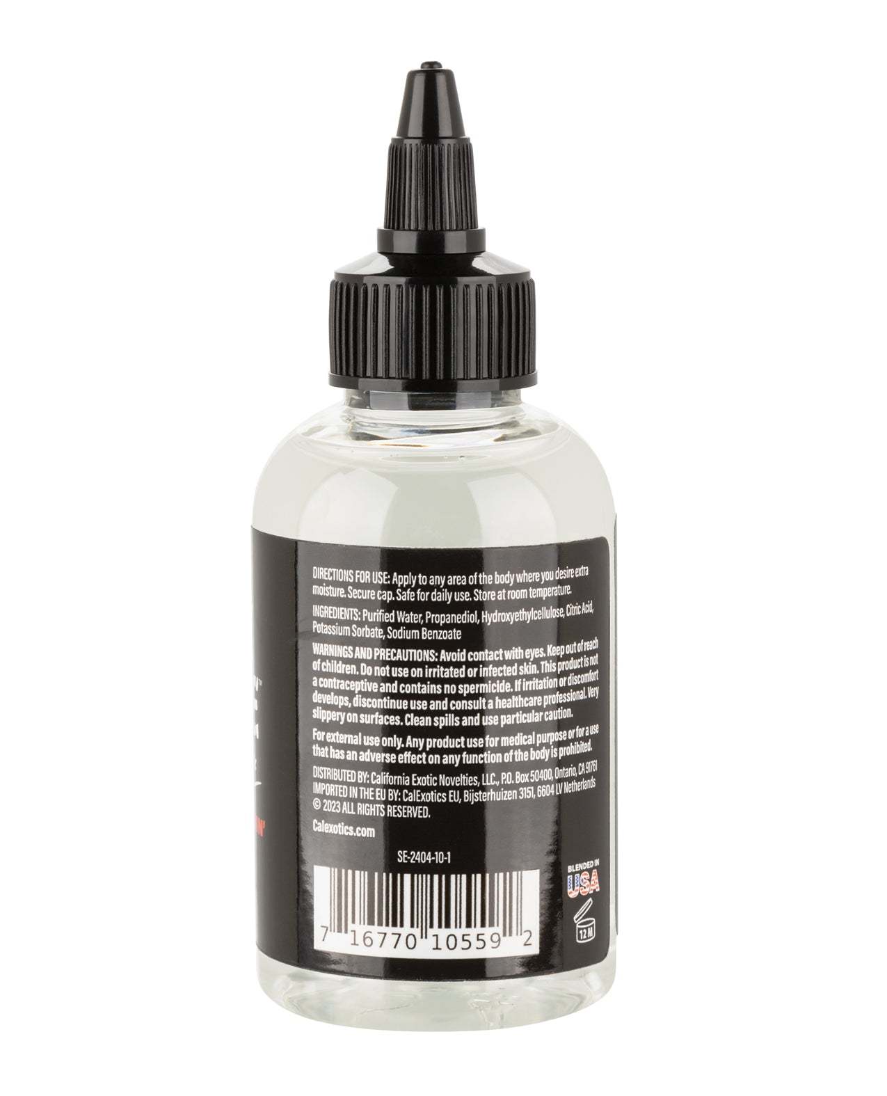 Clear 4 oz bottle of Fuck Sauce Water-Based Lubricant with black nozzle cap and detailed usage label.