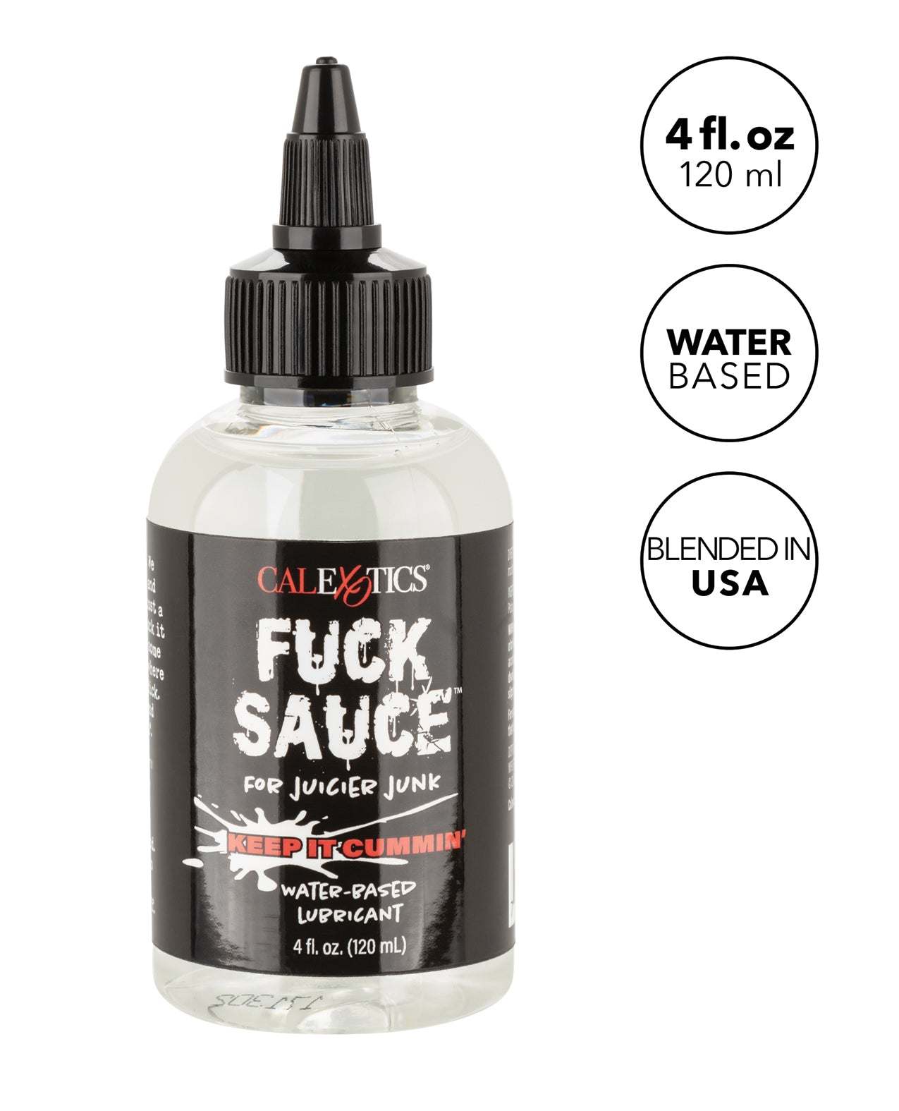 Fuck Sauce Water-Based Lubricant 4 oz bottle with black label, water-based formula, made in USA, designed for smooth and long-lasting intimate pleasure.