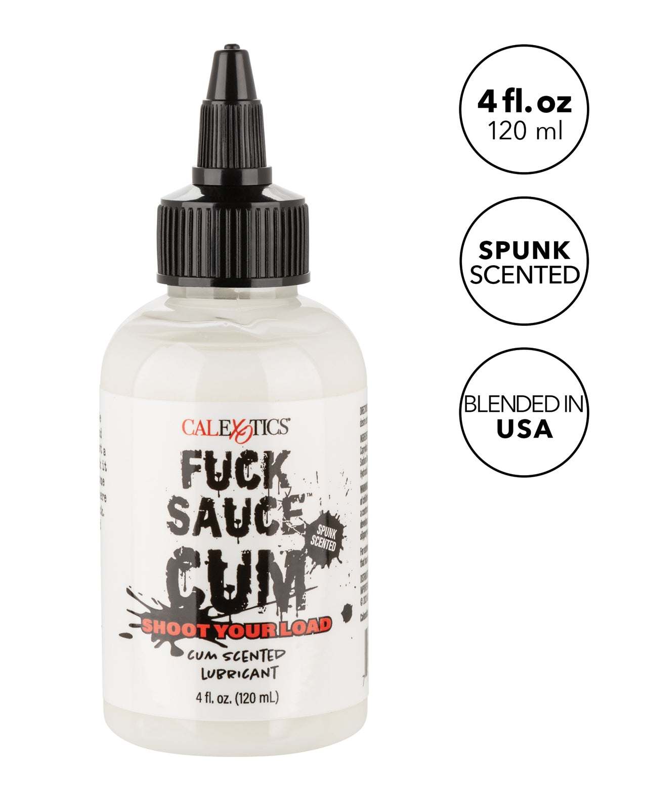 4 oz bottle of Fuck Sauce Cum Scented Lubricant with spunk scent, water-based formula, and made in the USA