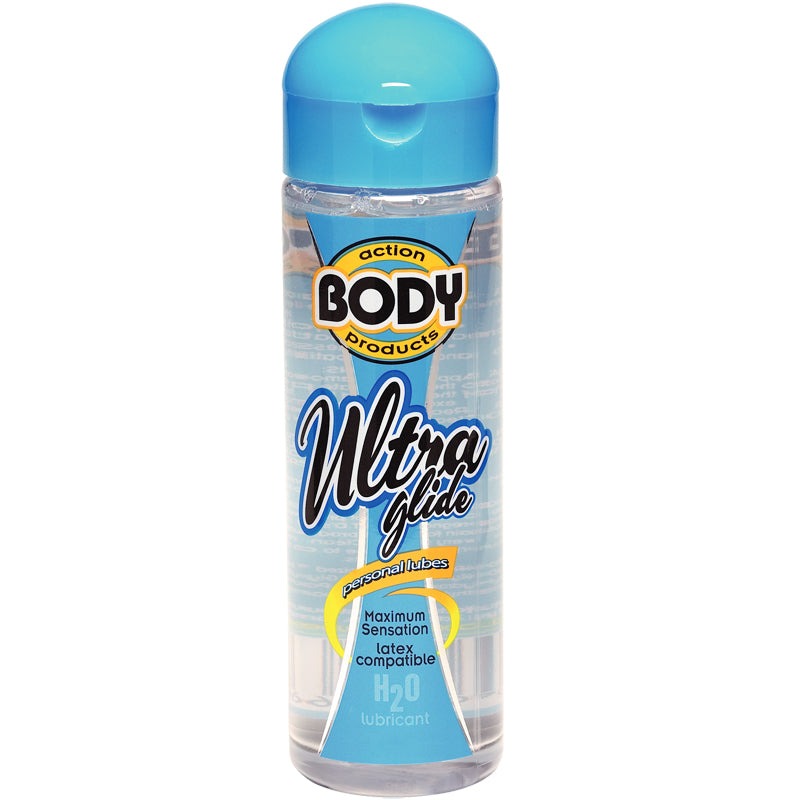 Body Action Ultra Glide water based lubricant 2.2 fl oz bottle, clear and latex compatible personal lubricant