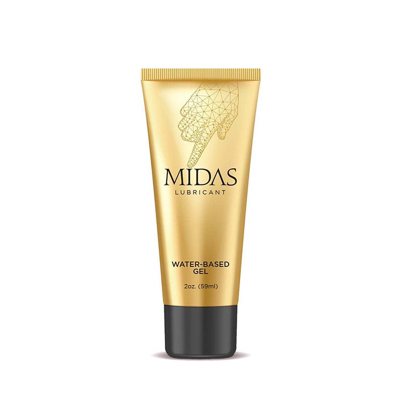 Midas Water-Based Gel Lubricant 2 oz tube with gold and black design for smooth, water-rinseable lubrication.