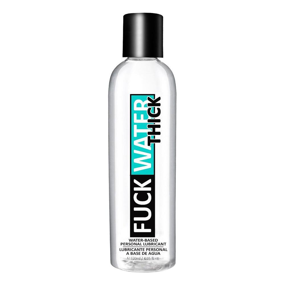 Clear bottle of Fuck Water Thick water-based lubricant with black cap and bold label design