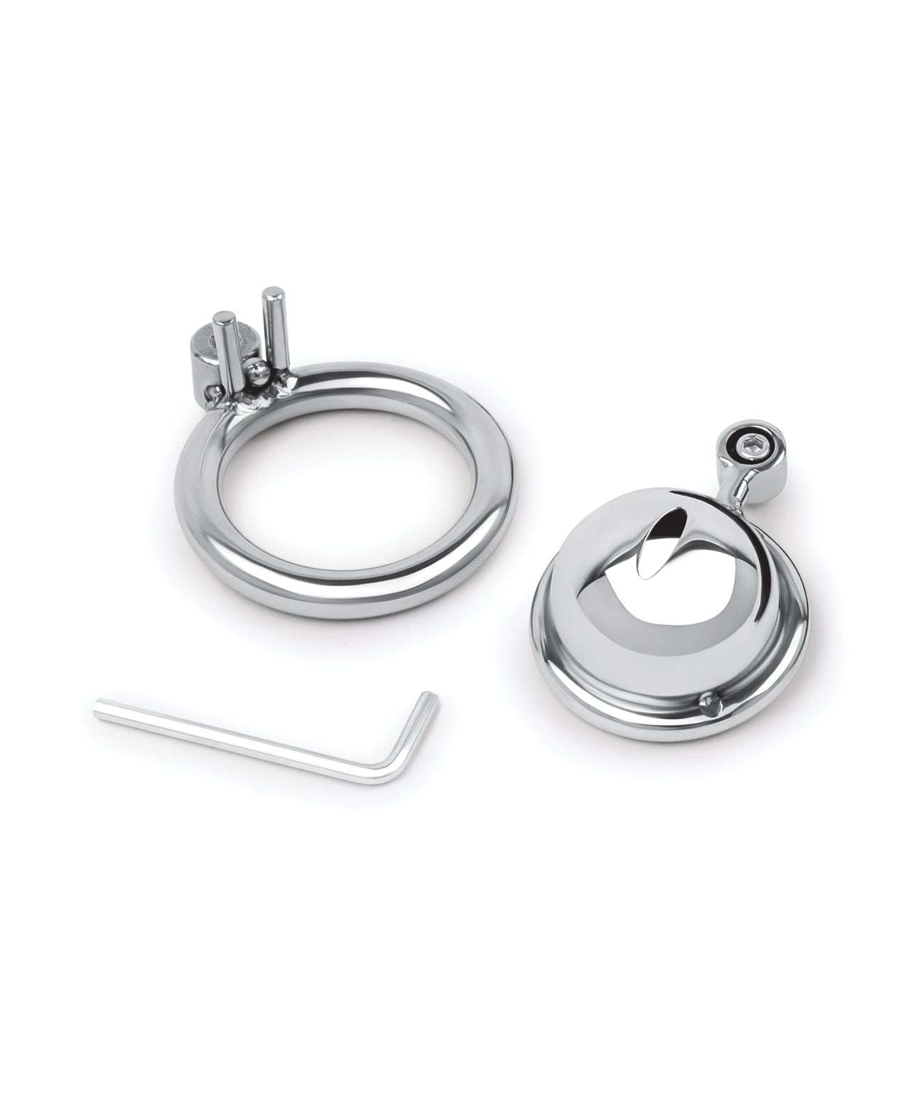 Lockmaster stainless steel inverted micro chastity cage with key and hex wrench in silver finish