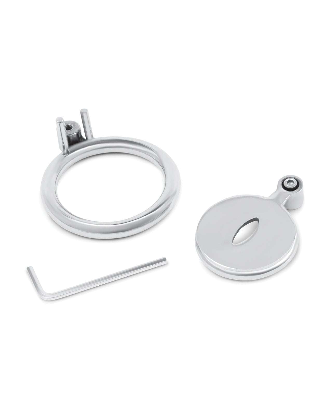 Lockmaster stainless steel inverted chastity cage with cat's eye design in silver, body-safe durable metal restraint device
