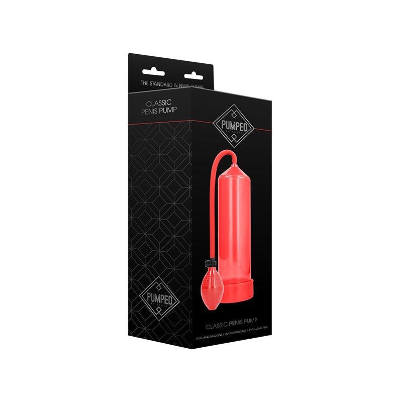 Pumped Classic Penis Pump in red with cylinder and hand-held squeeze ball pump in black packaging