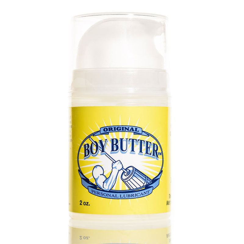 Boy Butter 2oz Pump original personal lubricant in yellow bottle with pump dispenser for travel and long-lasting intimate use