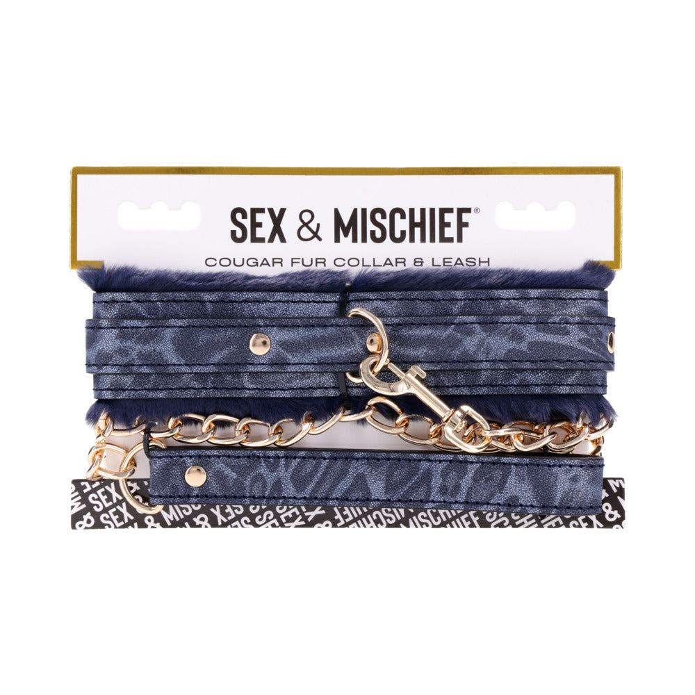 Sportsheets Sex & Mischief navy cougar fur collar and leash set with gold chain details.