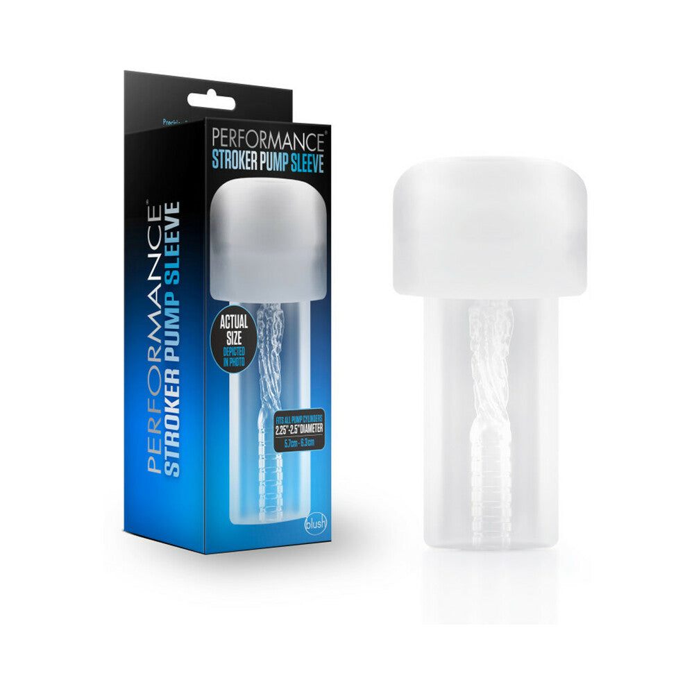Clear Performance Stroker Pump Sleeve with ribbed internal texture and flexible TPE material next to blue and black packaging box