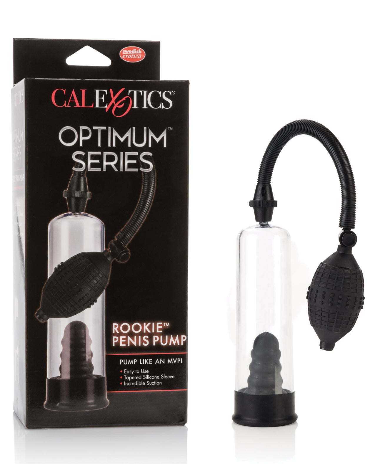 Rookie Penis Pump with detachable flexible hose and soft rubber sleeve for comfortable suction and easy cleaning.