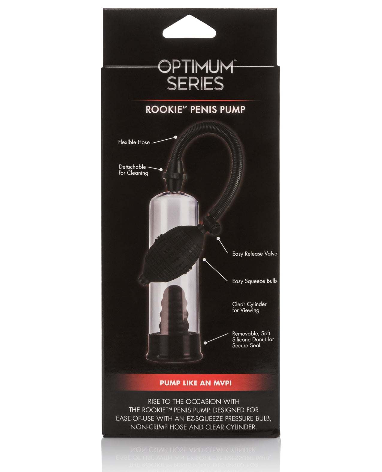 Rookie Penis Pump with clear cylinder, flexible hose, easy squeeze bulb, and soft silicone seal for beginner male enhancement.