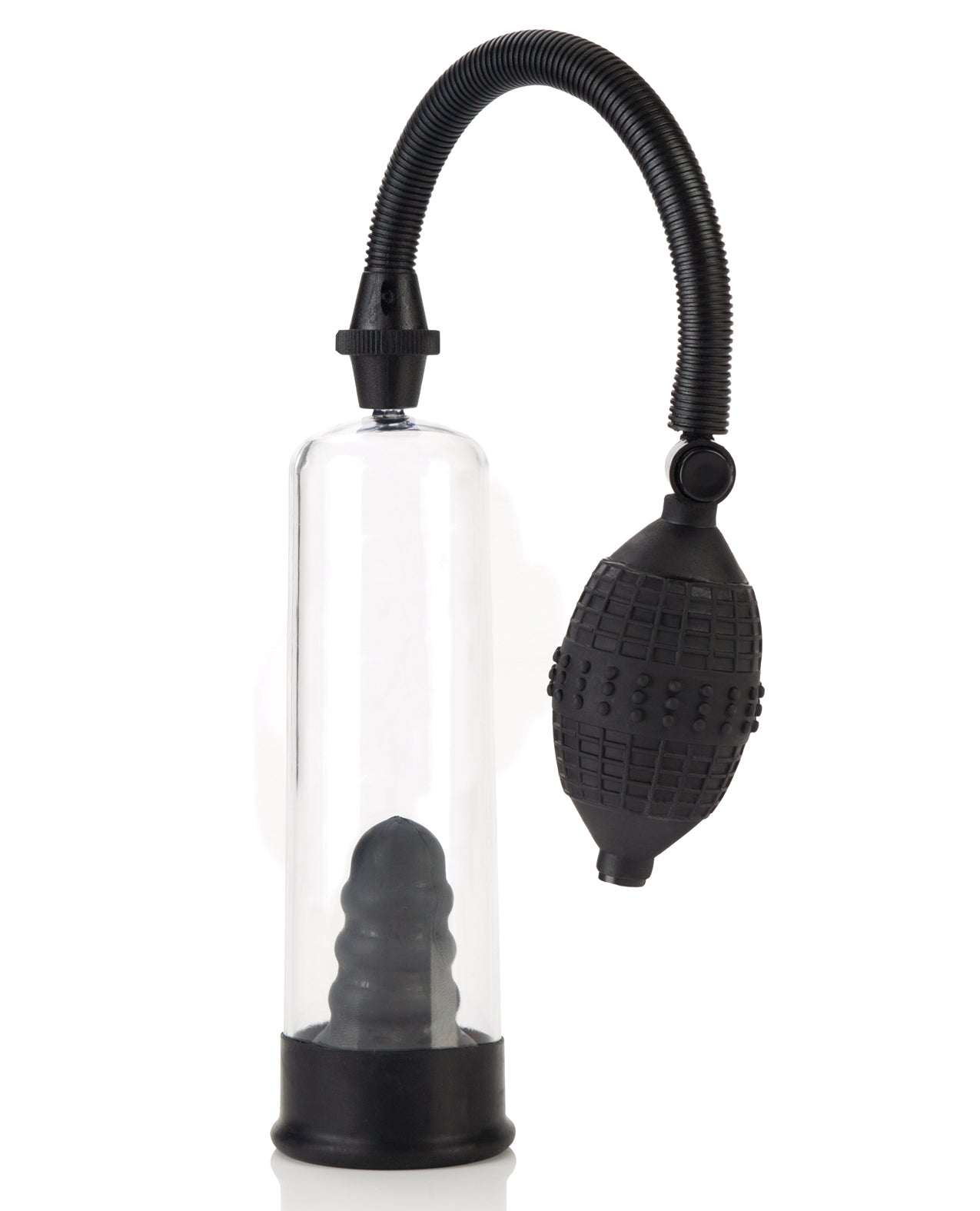 Rookie Penis Pump with clear cylinder, flexible hose, and black rubber bulb for enhanced performance and comfort