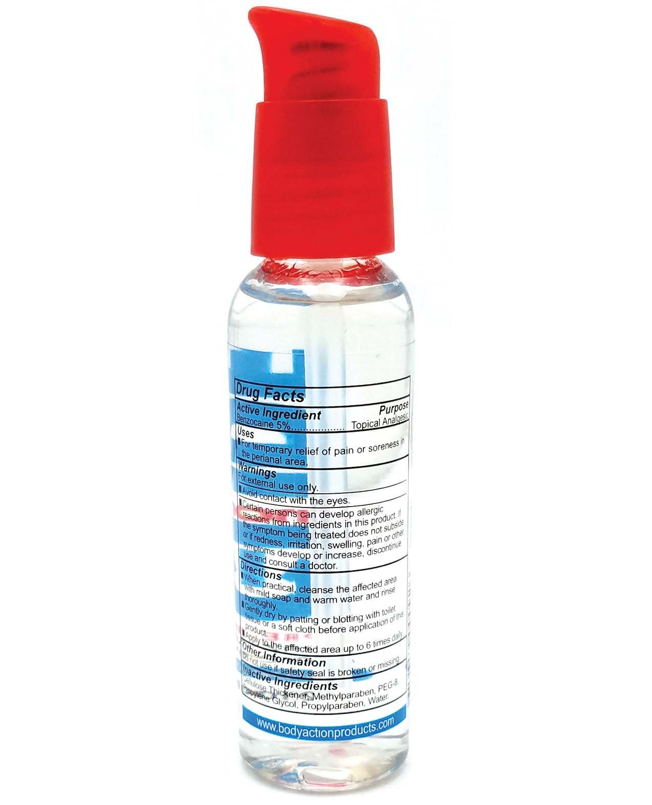 Anal Glide Extra 2 oz water-based lubricant with desensitizer in a clear pump bottle with red cap for enhanced anal comfort and pleasure