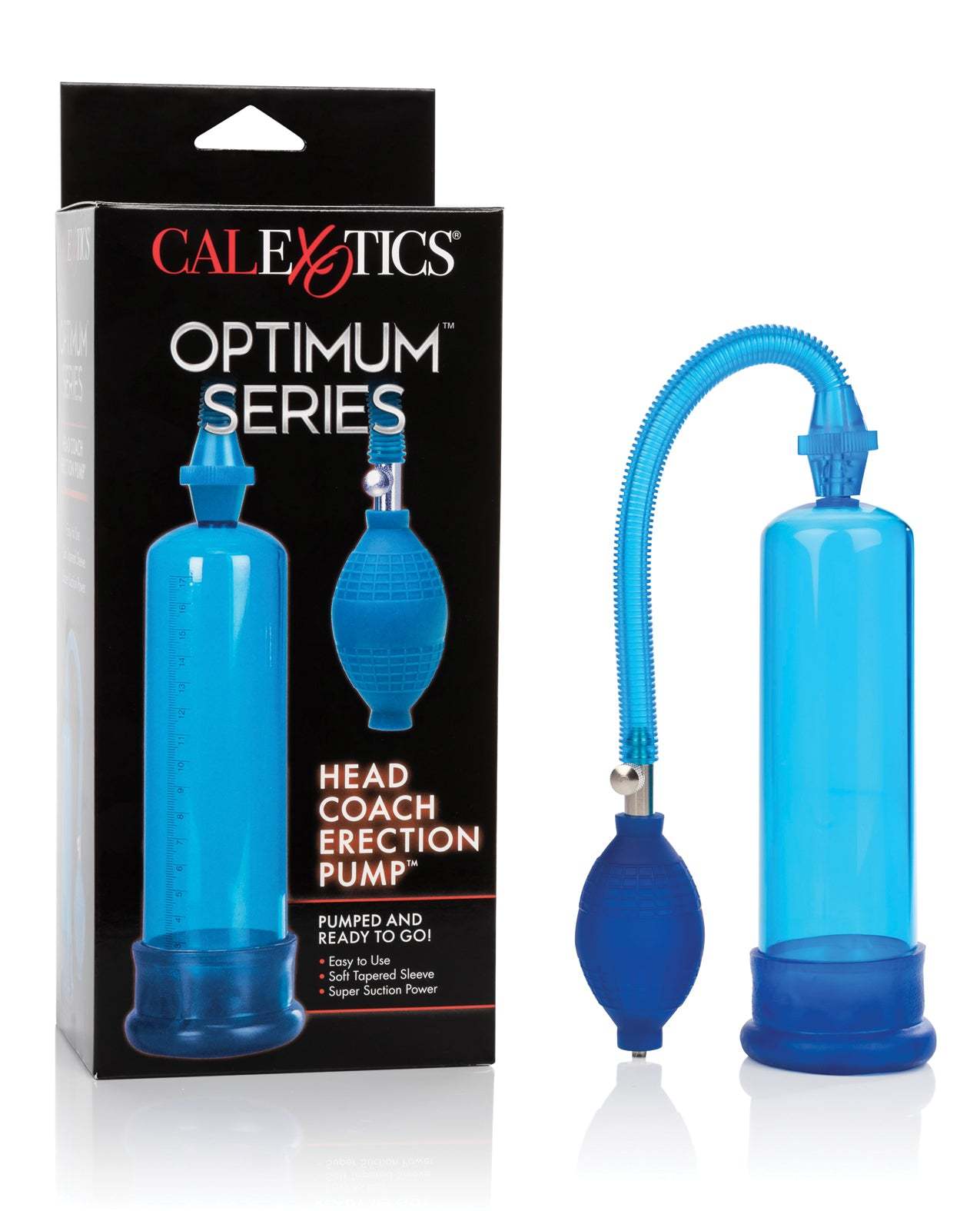 Blue Head Coach Penis Pump with flexible hose and hand pump, packaged in Optimum Series box by CalExotics
