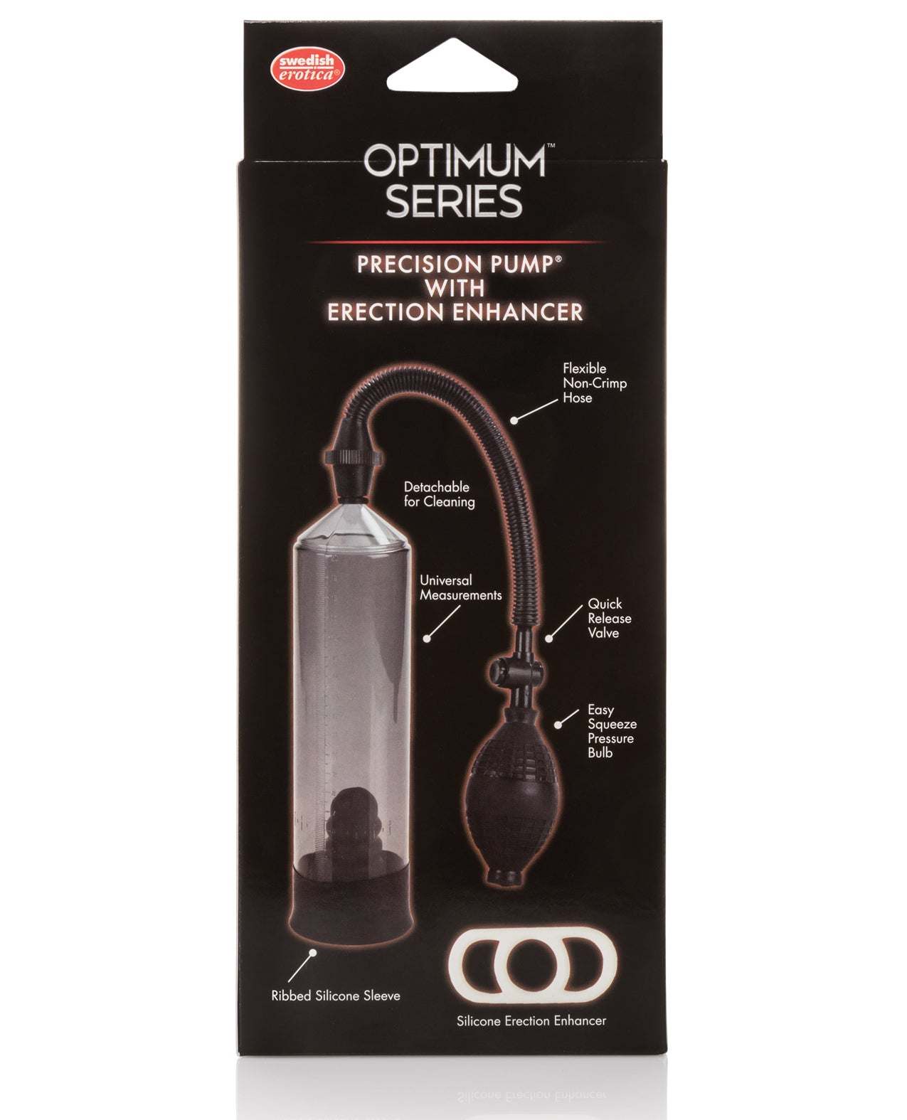Precision Pump with Erection Enhancer in black packaging showing flexible hose, pressure bulb, and silicone rings.