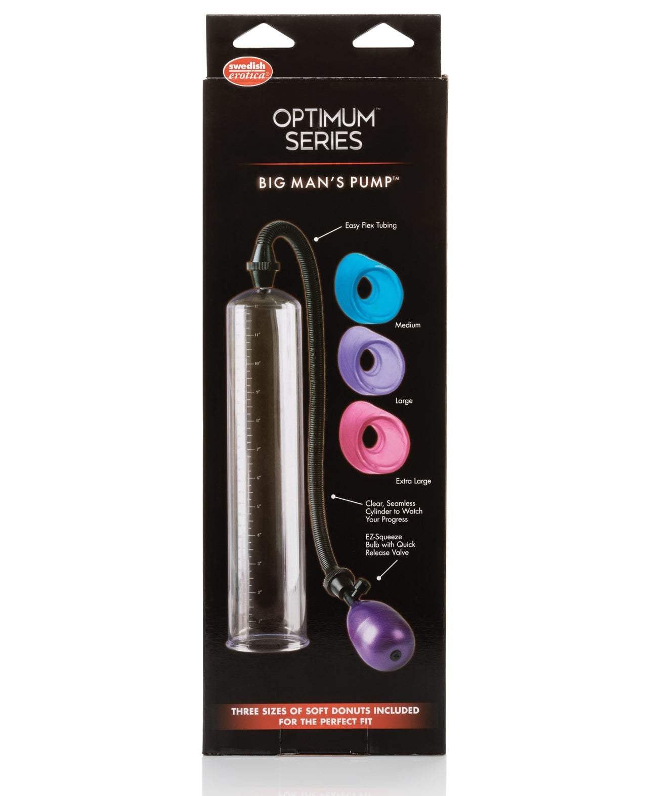 Big Mans Pump with clear cylinder, easy flex tubing, and three interchangeable sleeves in medium, large, and extra-large sizes for a customized fit