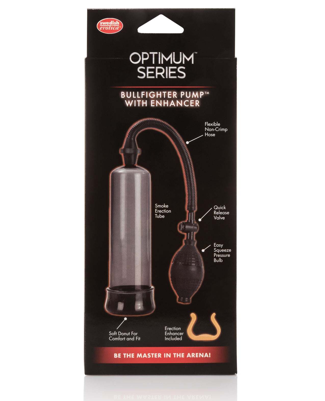 Bullfighter Pump with enhancer featuring a clear cylinder, flexible non-crimp hose, quick release valve, and soft donut for comfort.