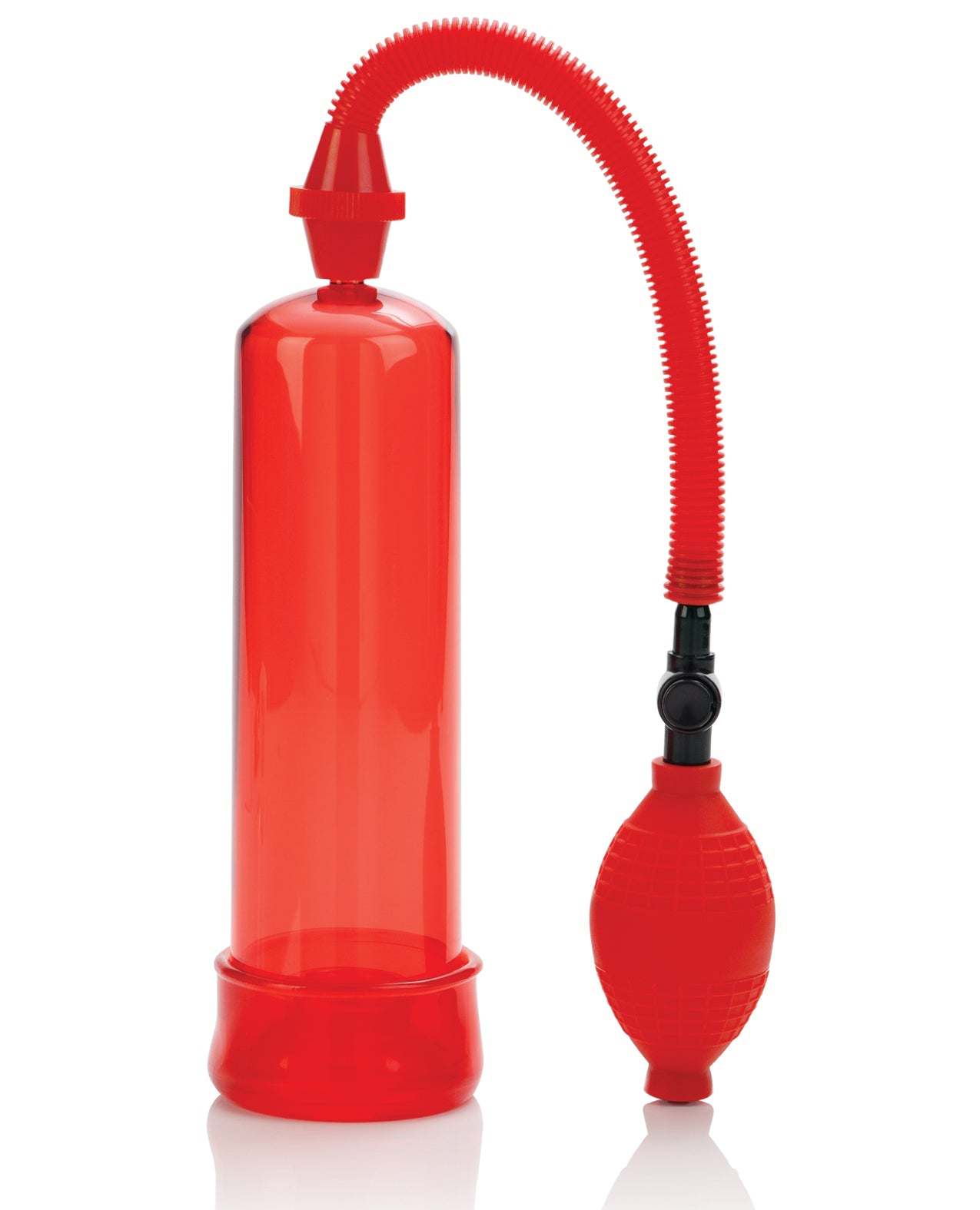 Red Fireman’s Pump with bulb and flexible hose for efficient liquid transfer and water removal.