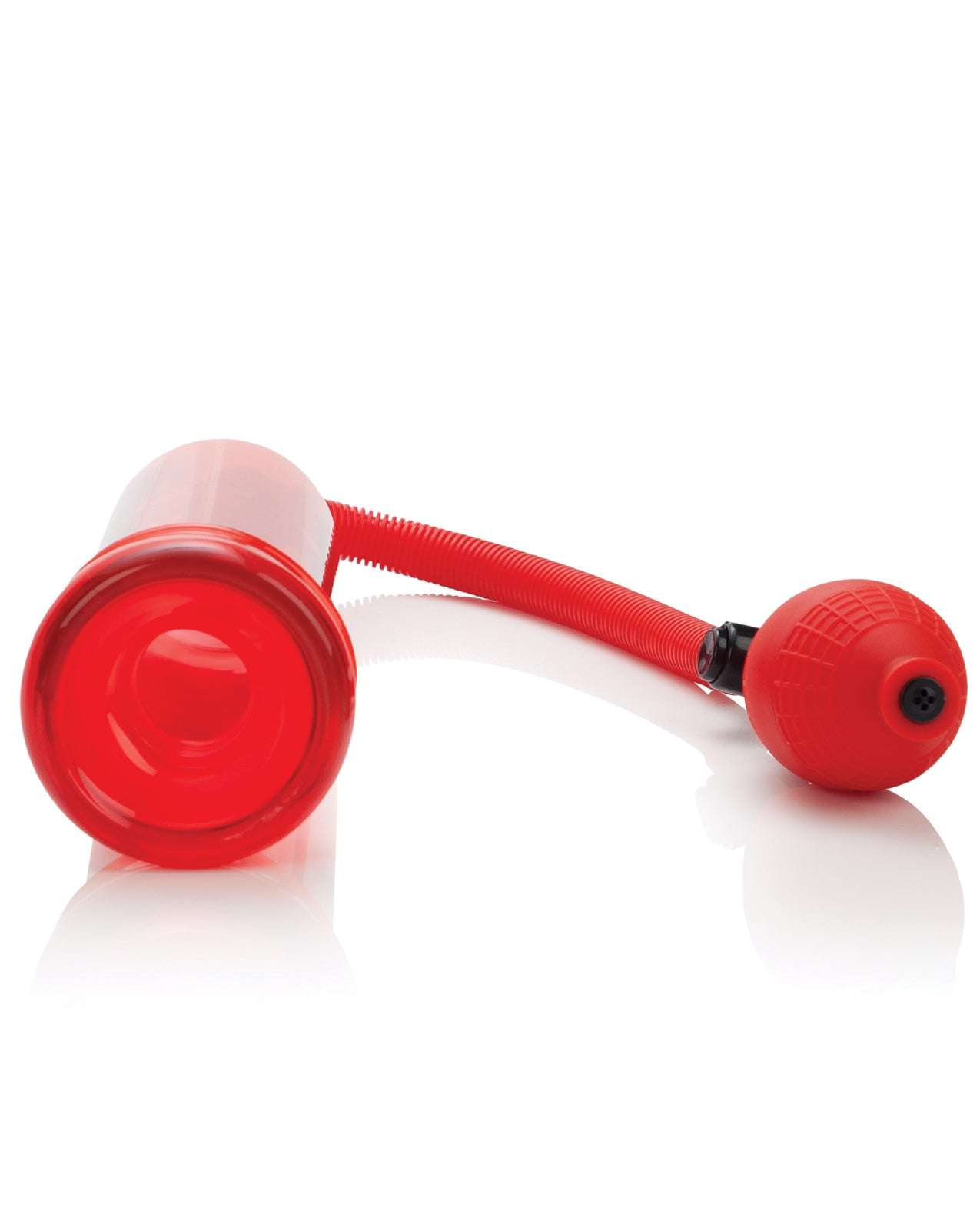 Red Fireman’s Pump with bulb and flexible hose for water removal and transfer tasks