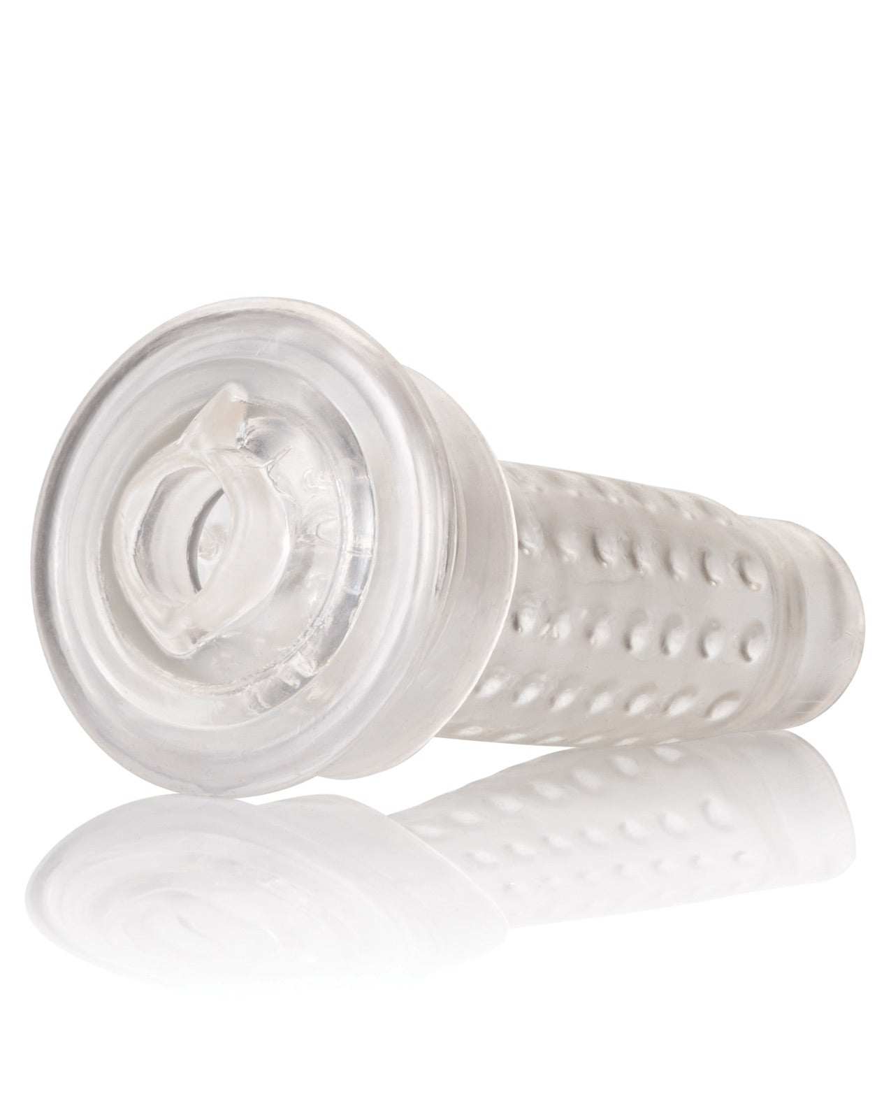 Clear transparent Optimum Series Stroker Pump Sleeve Pussy with textured interior for enhanced stimulation.