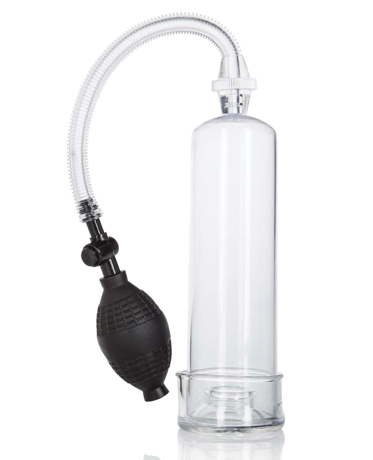 Dr. Joel Kaplan Erection Pump with clear cylinder, flexible hose, and black squeeze bulb for enhanced performance and pleasure