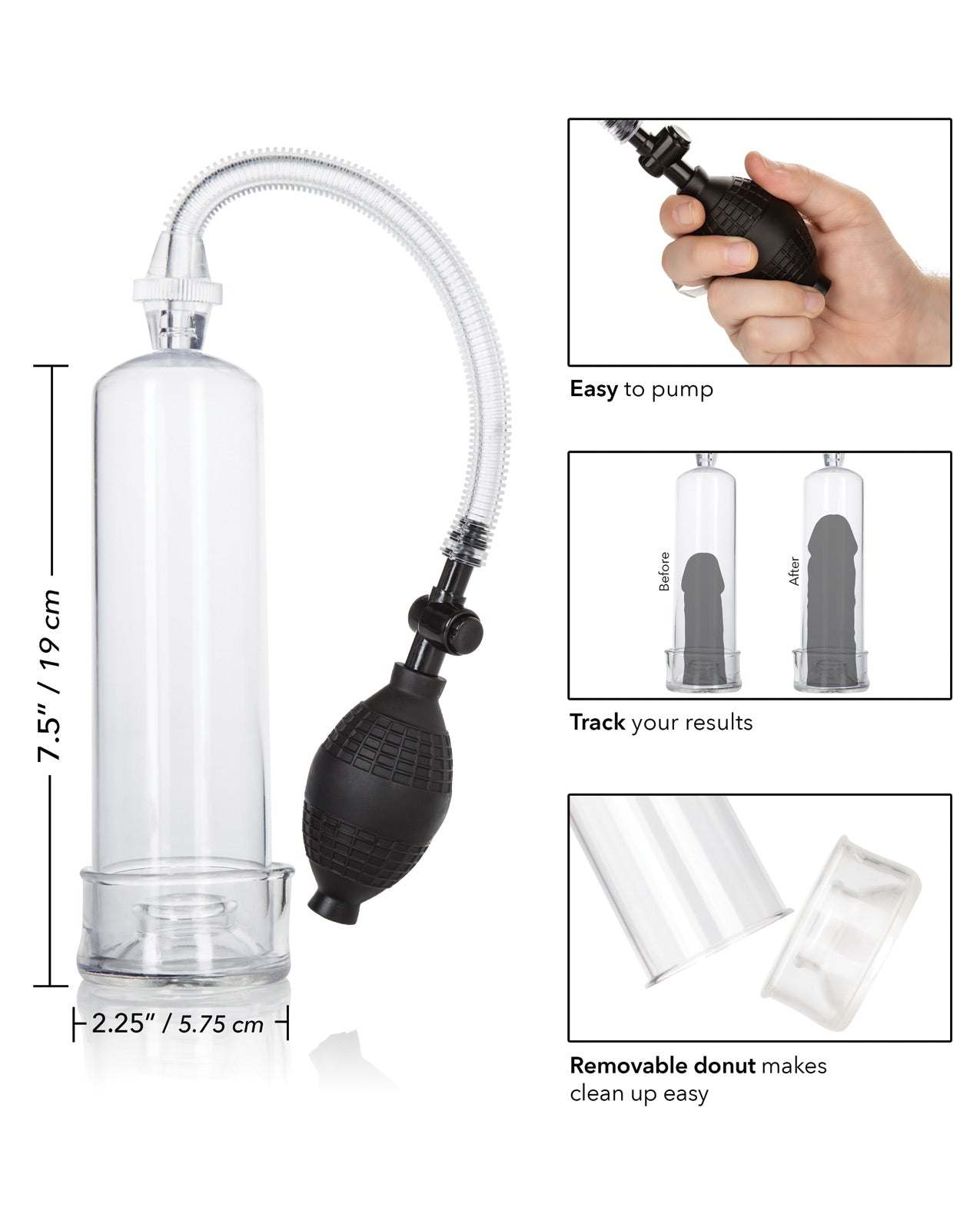Dr. Joel Kaplan erection pump with clear cylinder, soft removable donut, flexible hose, and easy-squeeze bulb for enhanced intimate performance and easy cleaning.