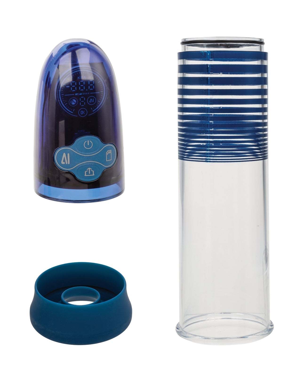 Optimum Series Ultimate Waterproof Smart Pump with clear tapered cylinder, blue control unit with digital display, and removable silicone donut for enhanced intimate performance.