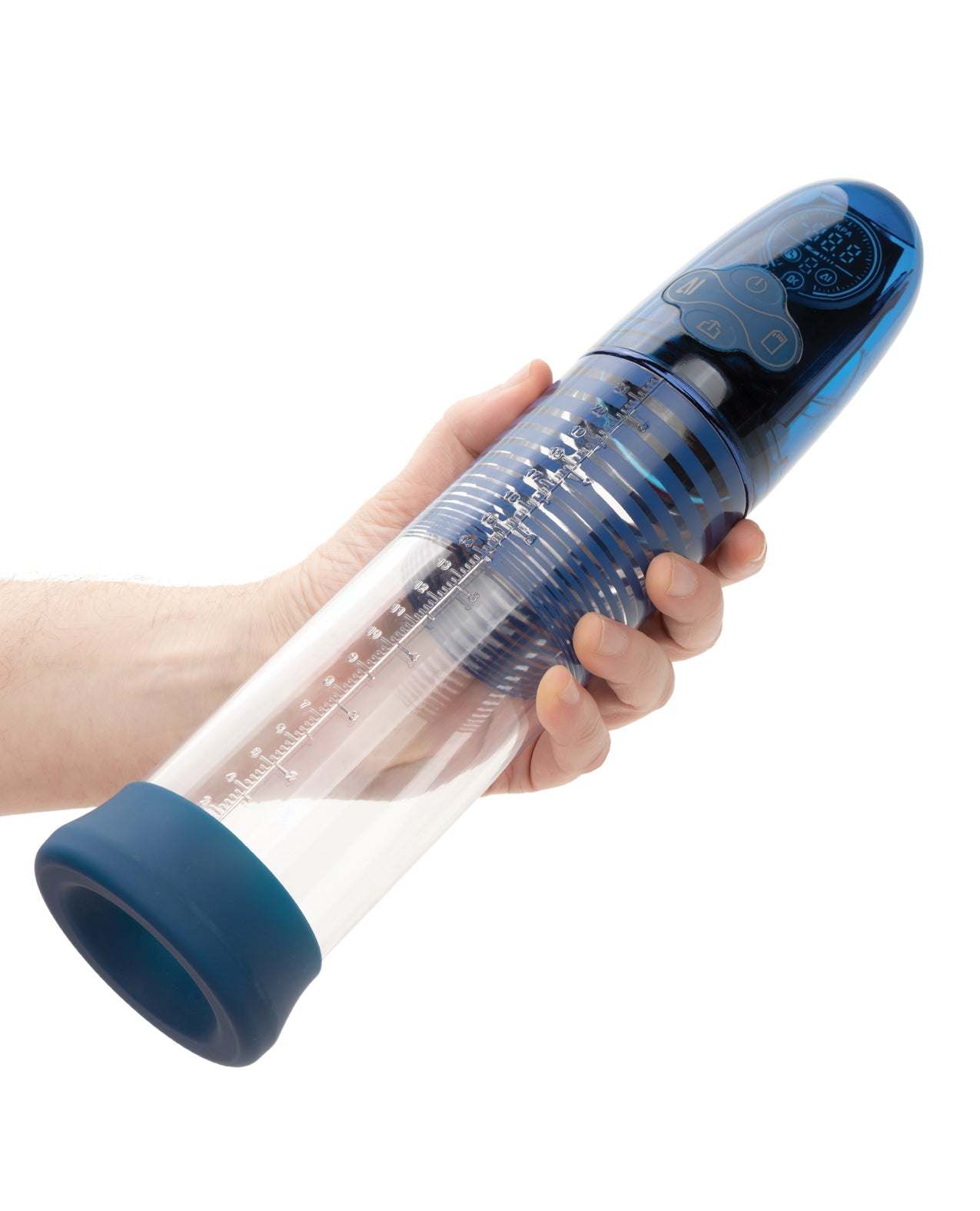 Hand holding the Optimum Series Ultimate Waterproof Smart Pump with clear cylinder and blue silicone base against white background
