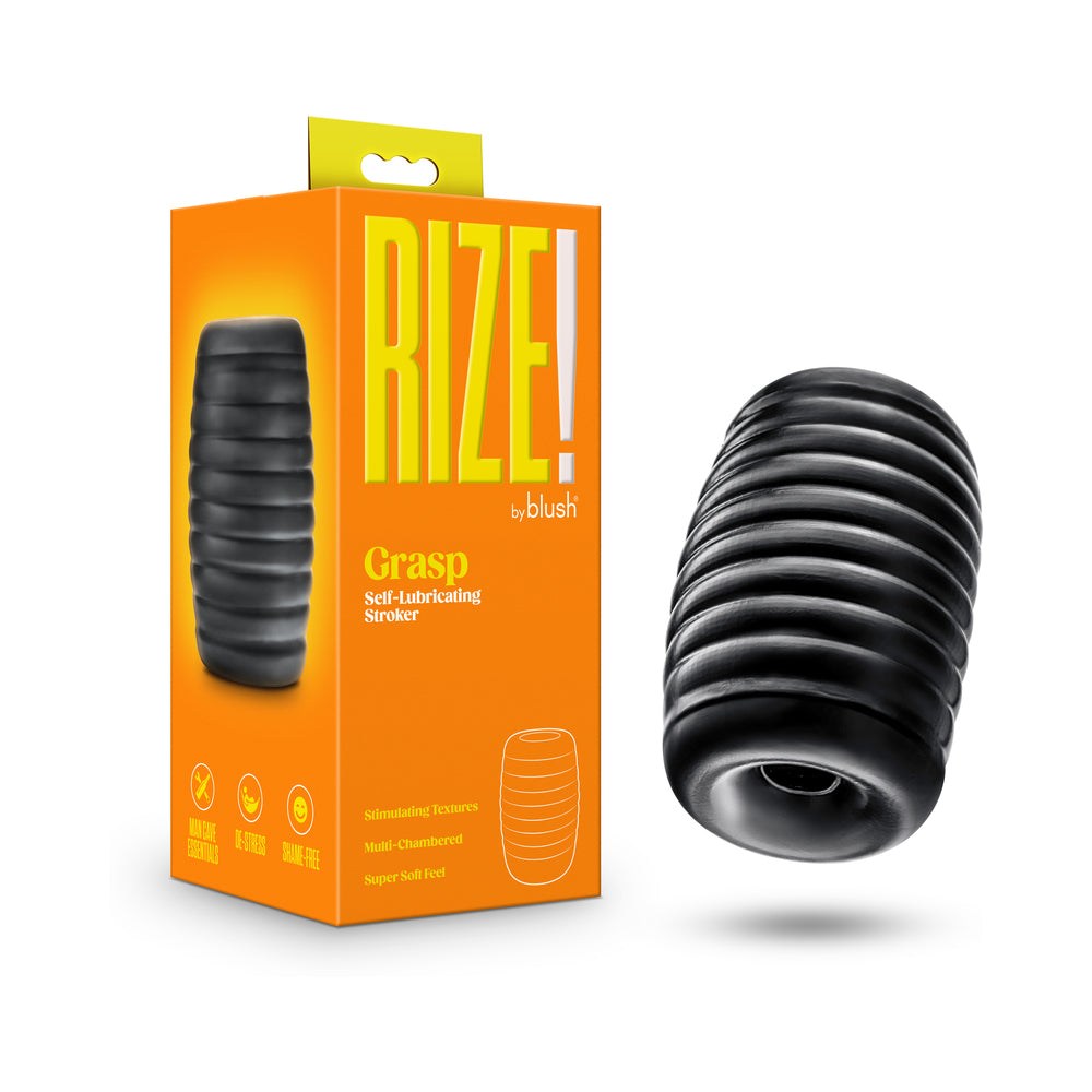 Black Rize Grasp self-lubricating stroker with ribbed texture and dual chambers next to orange packaging box