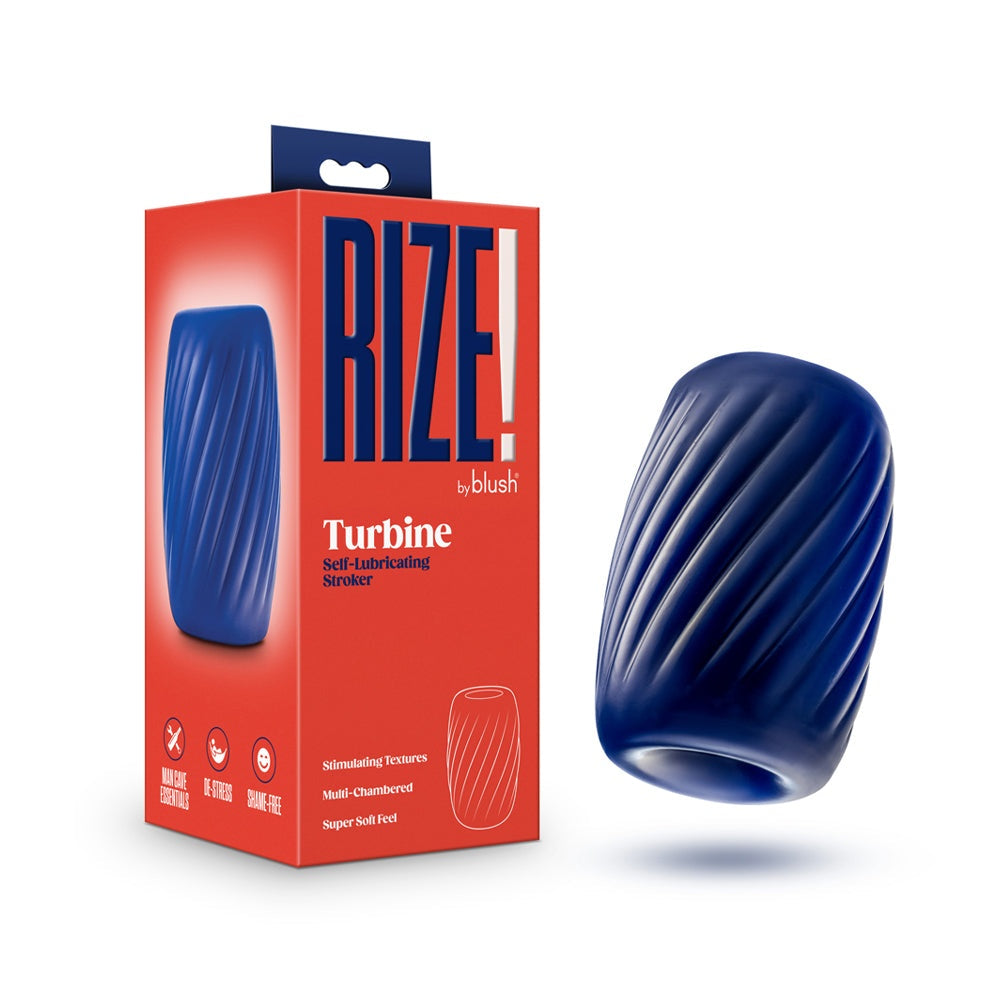 Blue Rize Turbine Self-Lubricating Stroker with textured design and red packaging