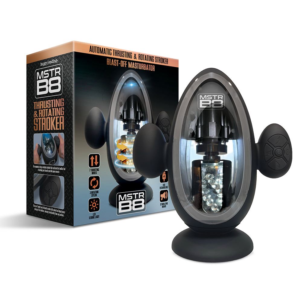 MSTR B8 Blast Off automatic thrusting and vibrating stroker with 7 modes, 3 rotation speeds, realistic sounds, LED lights, and suction cup base.