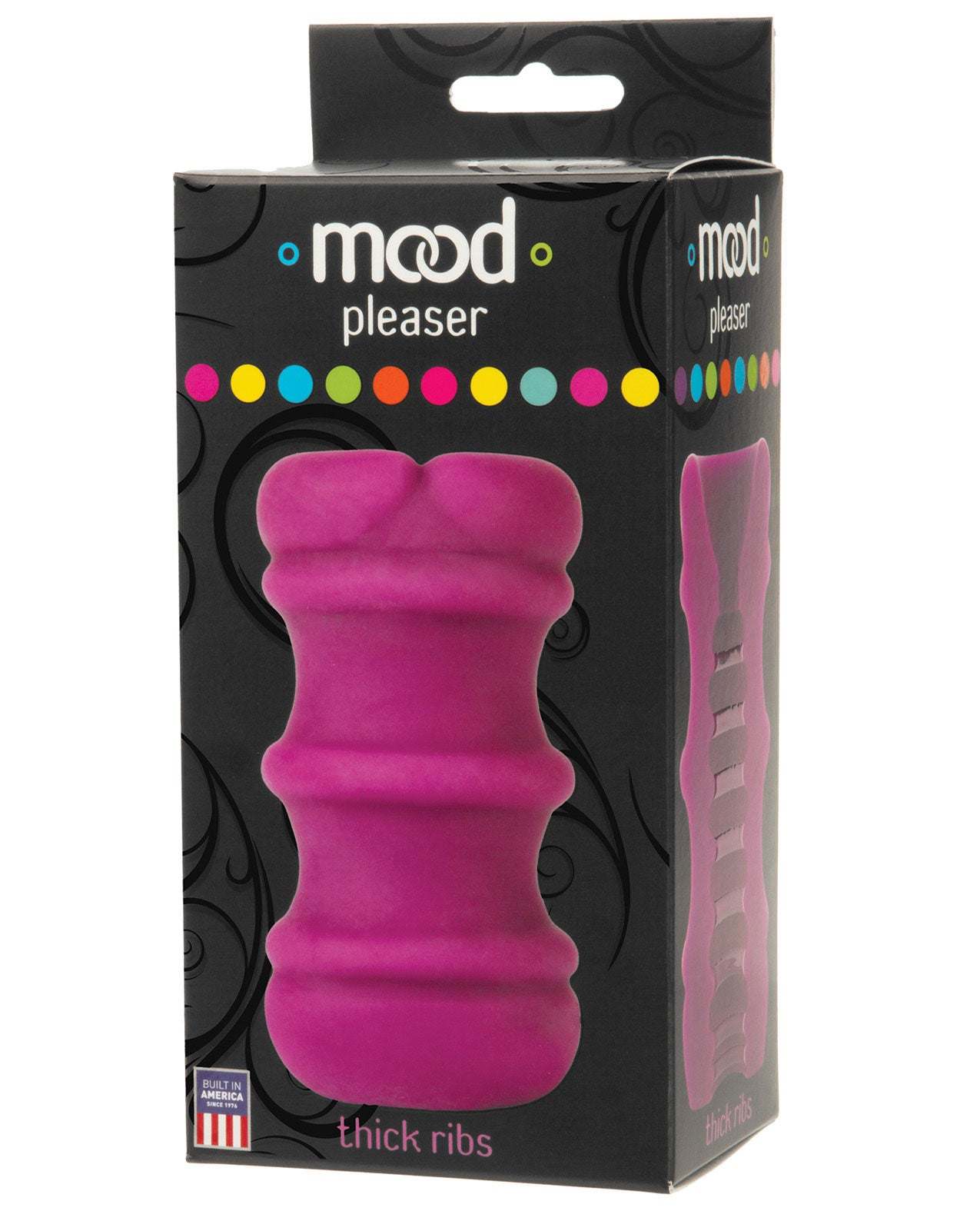 Purple Mood ULTRASKYN Thick Ribbed Stroker with soft, stretchy textured sleeve and finger grips in retail packaging